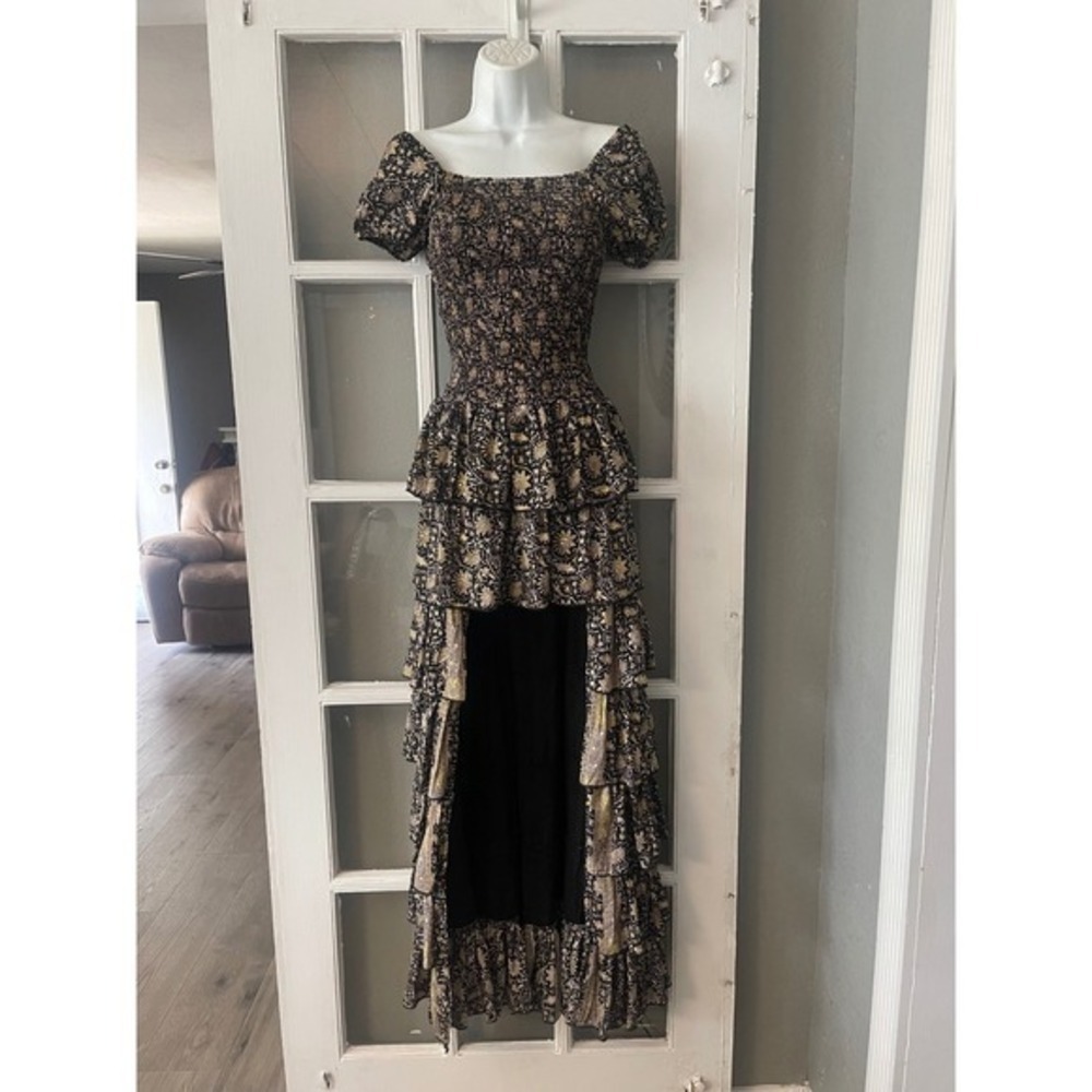 Muche et Muchette Black Gold Floral Smocked High-Low Tiered Ruffle Maxi Dress